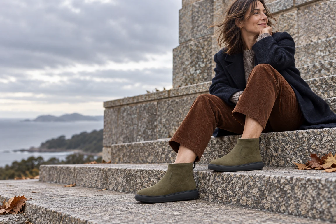 Escena conceptual de IA: botines verdes Fitflop E35-B77 con pantalón de pana y abrigo azul en unas escaleras de granito con hojas de otoño