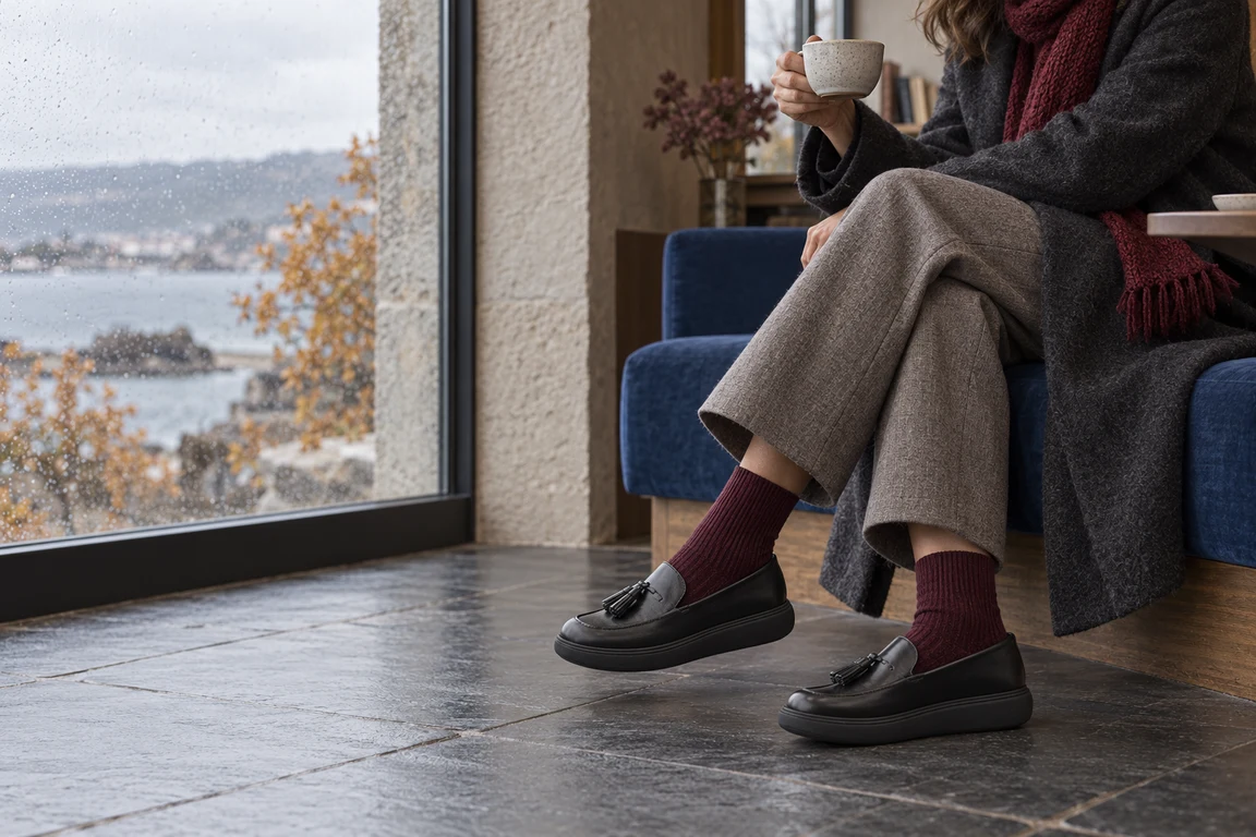 Escena conceptual de IA: mocasines negros de borlas Fitflop E2X-090 con calcetines burdeos, junto a una ventana en una tarde de otoño