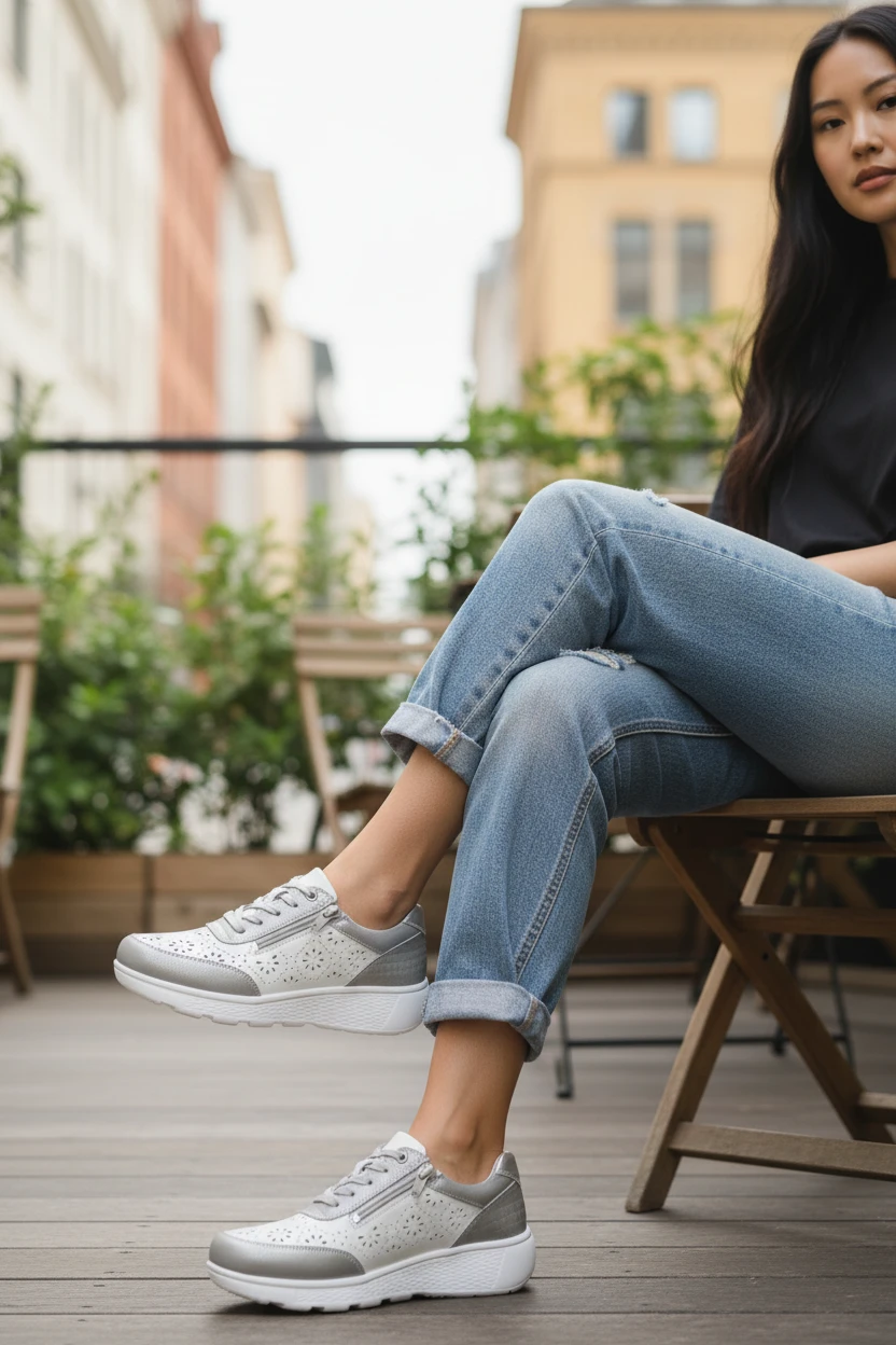 Zapato deportivo ultra ligero Calzados Reno mod. S-2726 de Piel en platino