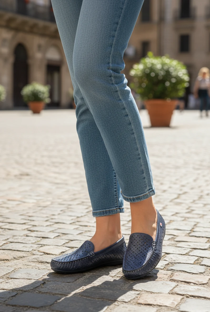 Mocasin picado Calzados Reno mod. 2317 de Piel en azul metalizado