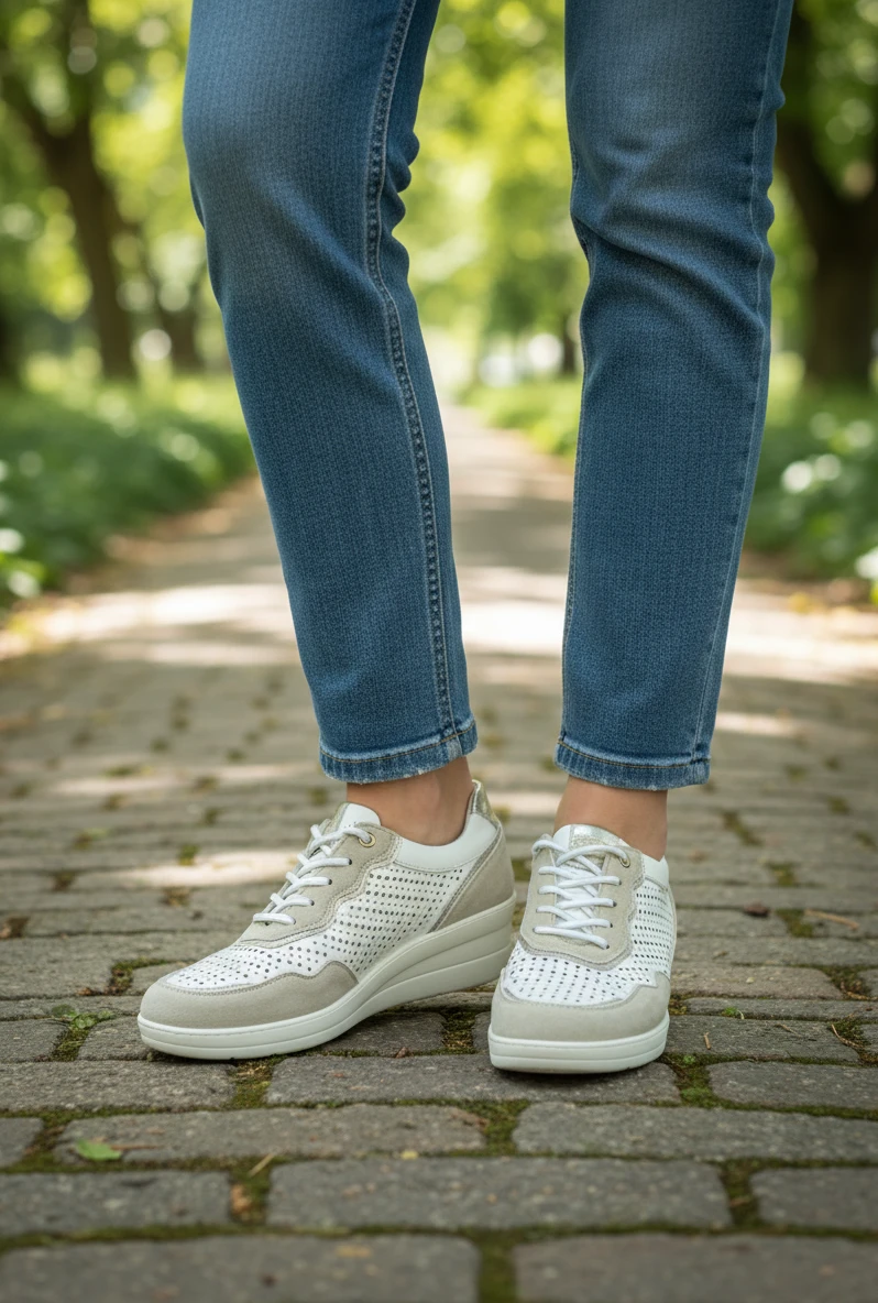 Casual piel cuña combi picado Calzados Reno mod. AMD30252 de Piel en blanco-beig