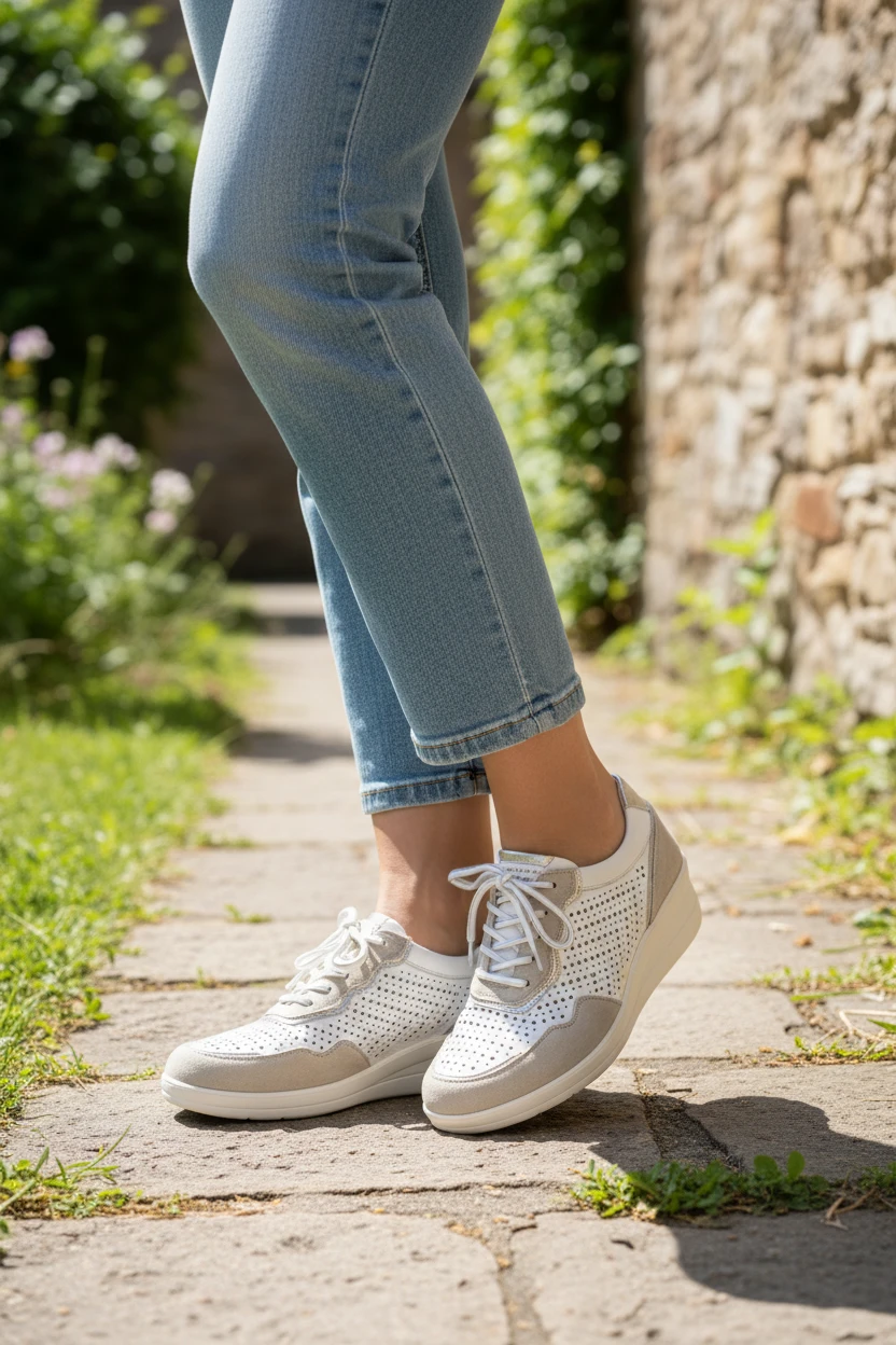 Casual piel cuña combi picado Calzados Reno mod. AMD30252 de Piel en blanco-beig