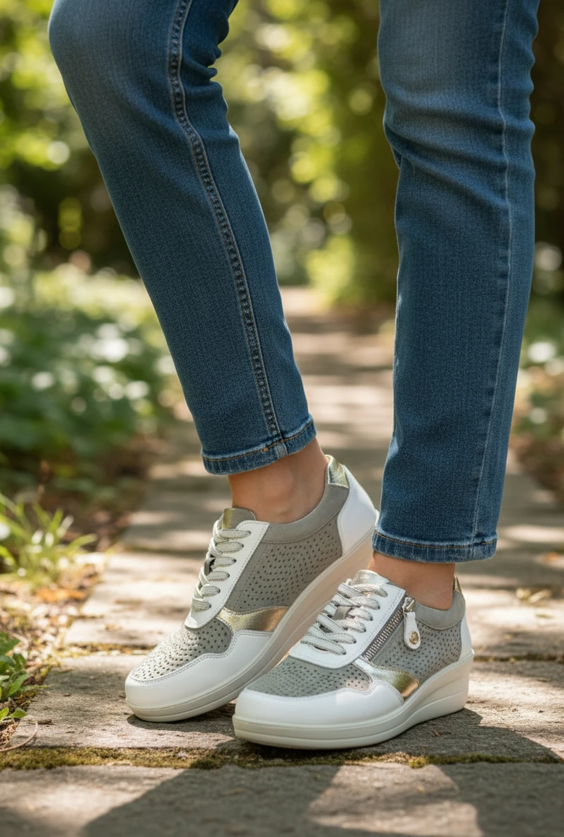 Casual piel cuña combi picado Calzados Reno mod. AMD30251 de Piel en blanco-beig