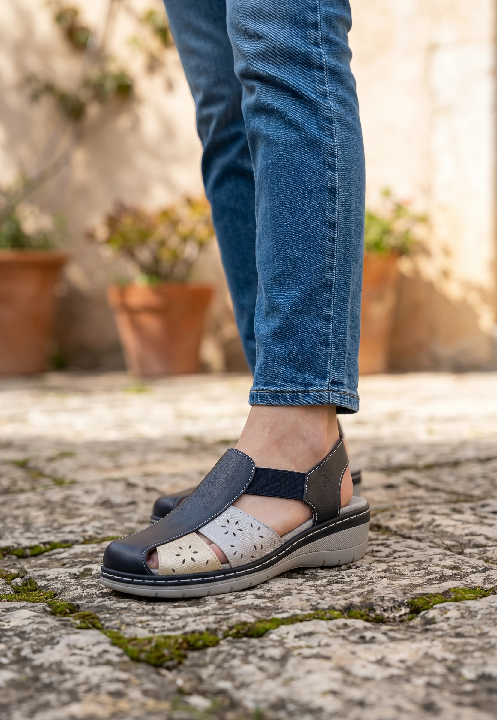 Sandalia cerrada delante Calzados Reno mod. 3265 de Piel en azul-beig