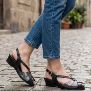 Sandalia cuña confort Calzados Reno mod. 3525 de Piel en plata-negro
