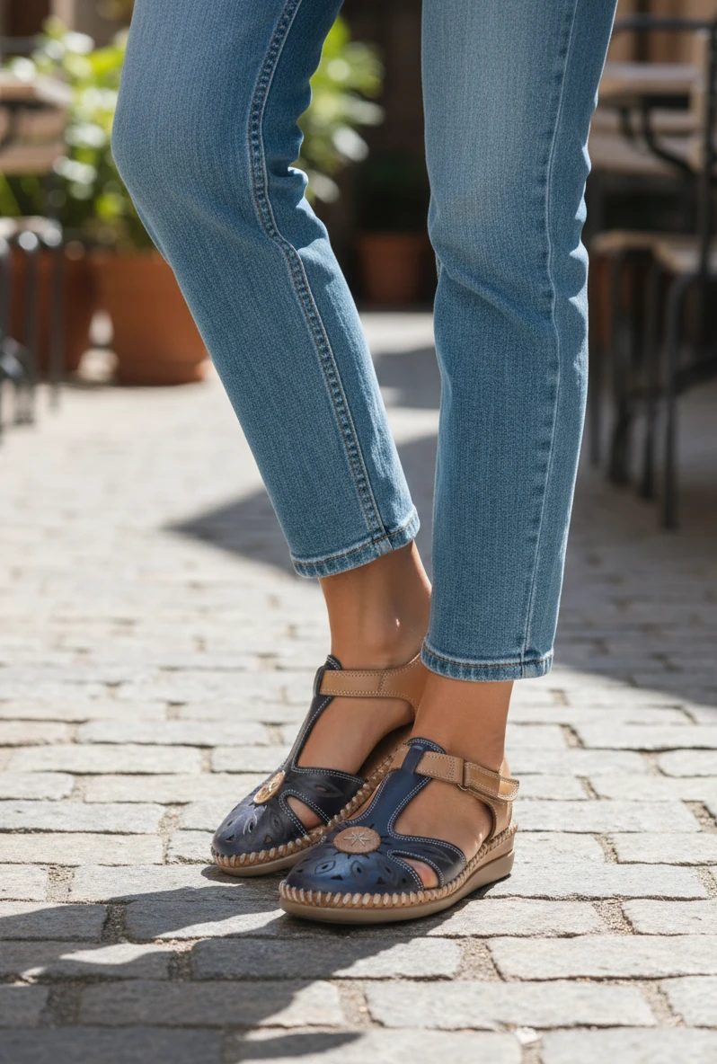 Cangrejera talon abierto 48 Horas mod. 614102 de Piel en azul-marron