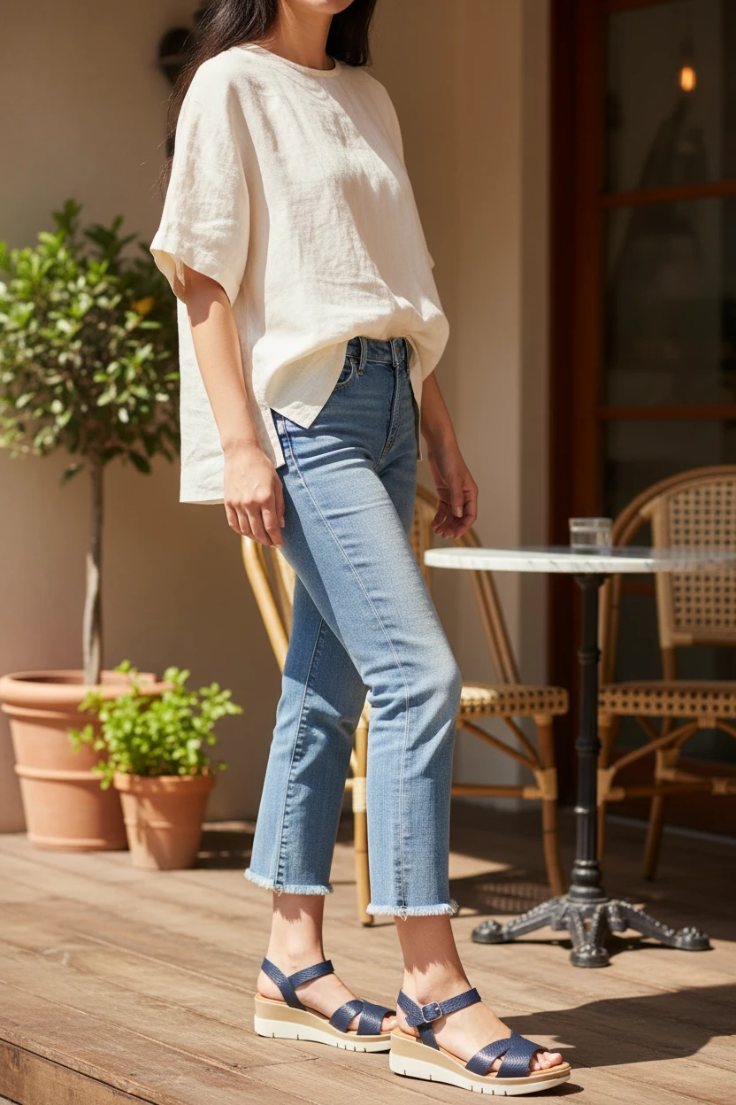 Sandalia cuña media Calzados Reno mod. M3600 de Piel en azul