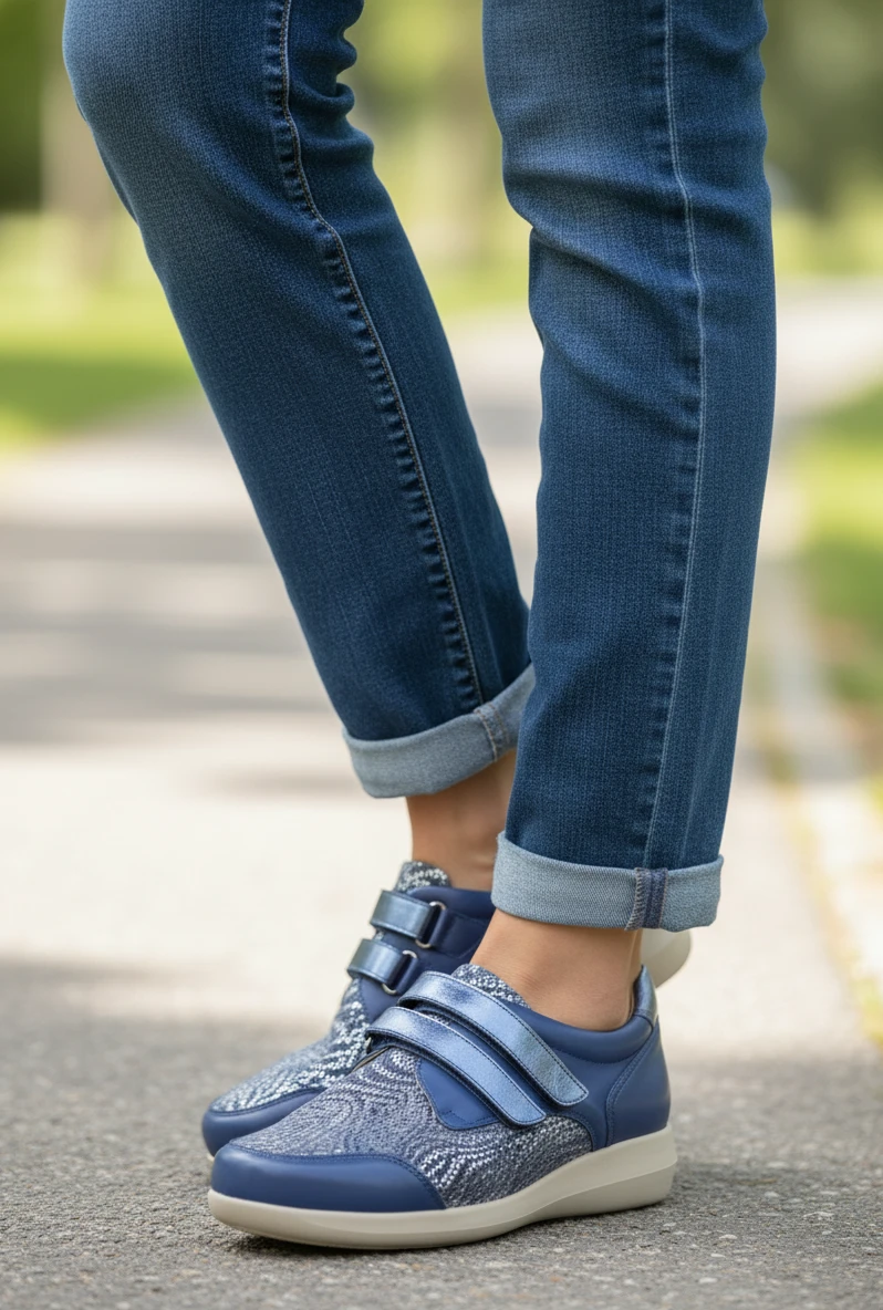 Zapato confort velcro Calzados Reno mod. GINA de Piel Napa Elást en azul