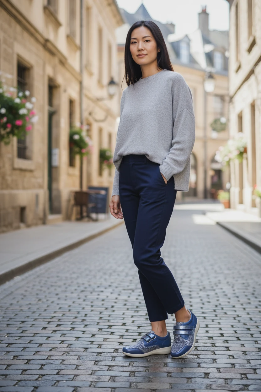 Zapato confort velcro Calzados Reno mod. GINA de Piel Napa Elást en azul