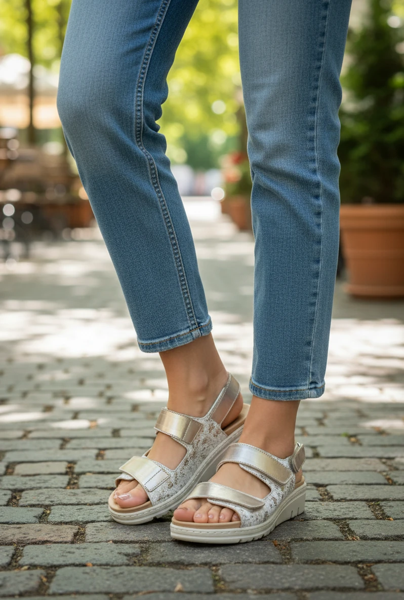 Sandalia confort velcros Calzados Reno mod. 36156 de Piel en oro-beig