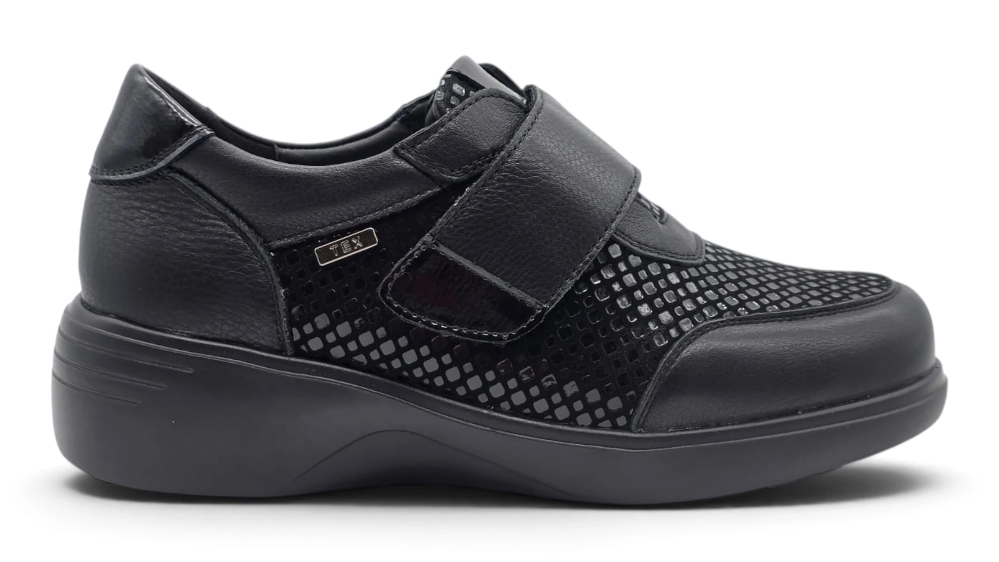 Zapato cuña velcro negro Calzados Reno mod. S-5254S de Piel Napa Elást en negro